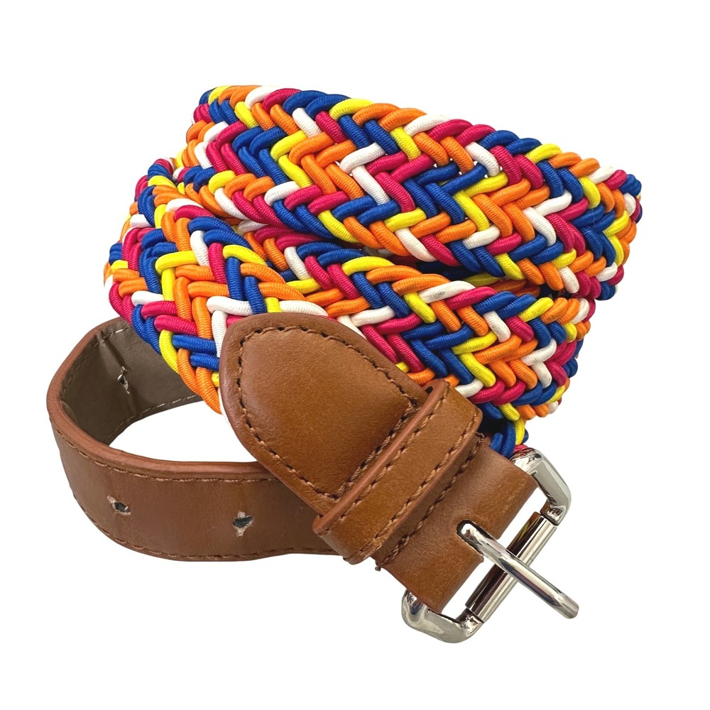 Braided Stretch Woven Elastic‎ Belt Multicolor Faux Leather Trim Silver Buckle